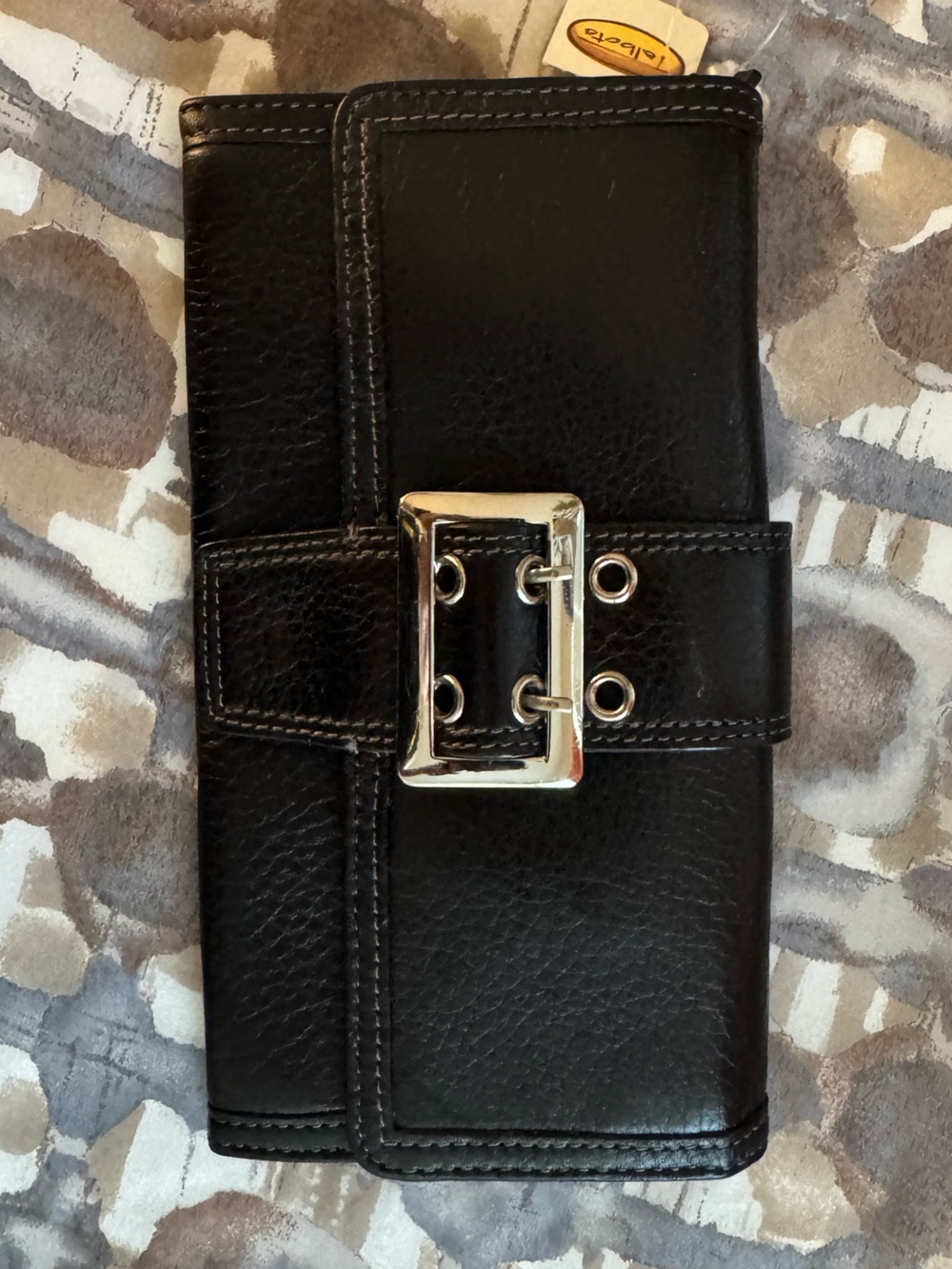 NWT Vintage Talbots Black Pebbled Leather Trifold Continental Wallet Buckle